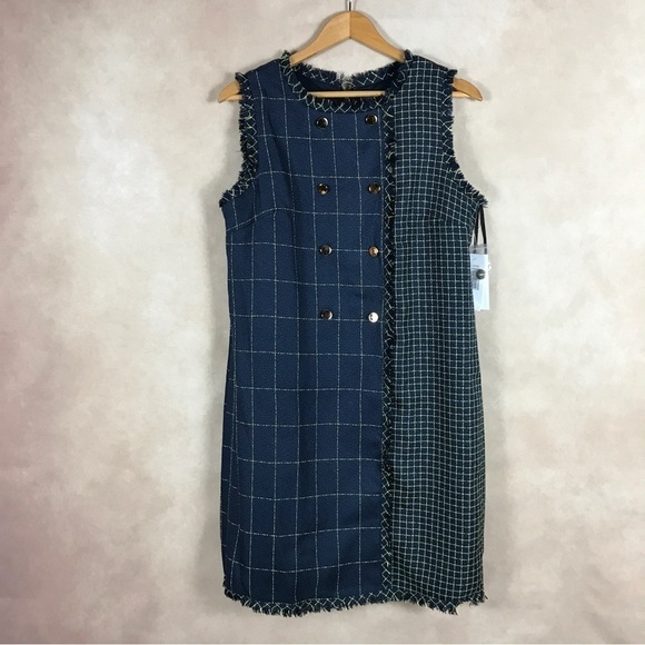 JULIA JORDON Navy Tweed Grid Pattern Shift Dress NWT 14 - Picture 3 of 15